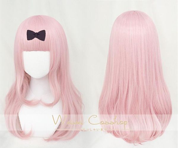 

anime costumes fujiwara chika cosplay wig kaguya-sama: love is war 55cm pink costume wigs + cap black bowknot hairpin1