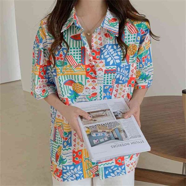 

women's blouses & shirts printed holiday hand painted femme vintage lapel lady ol retro stylish brief new summer all match long sl, White