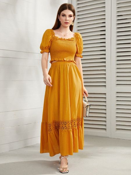 

guipure lace trim puff sleeve shirred & ruffle hem skirt q65k#, White