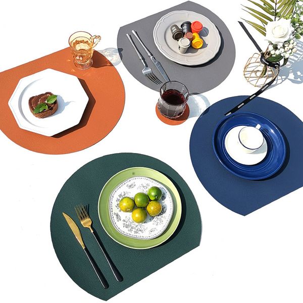 

pu waterproof and oil proof double-layer semi-circular leather dining pad nordic two-color household table restaurant thermal