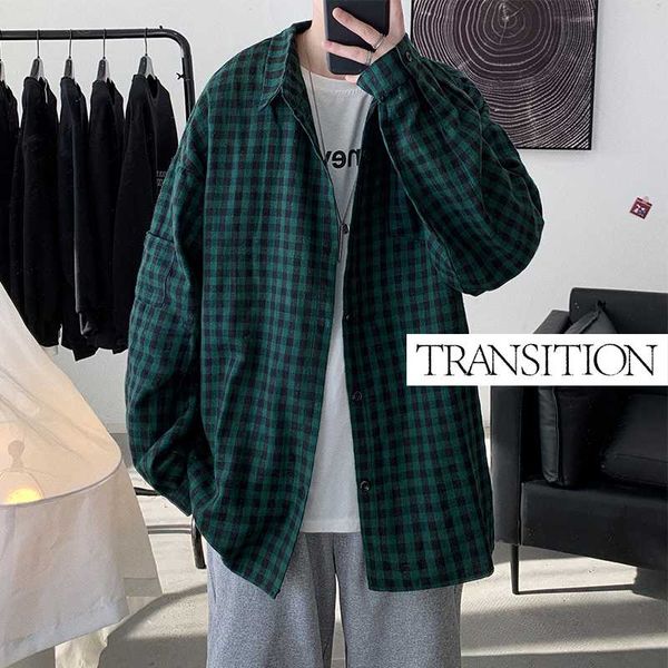 

men's casual shirts transition store autumn loose plaid shirt jacket long-sleeved youth trending men, White;black