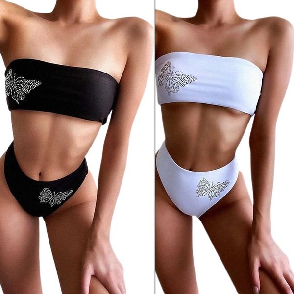 

women 2pcs bikini set strapless butterfly rhinestone swimsuit bathing suit