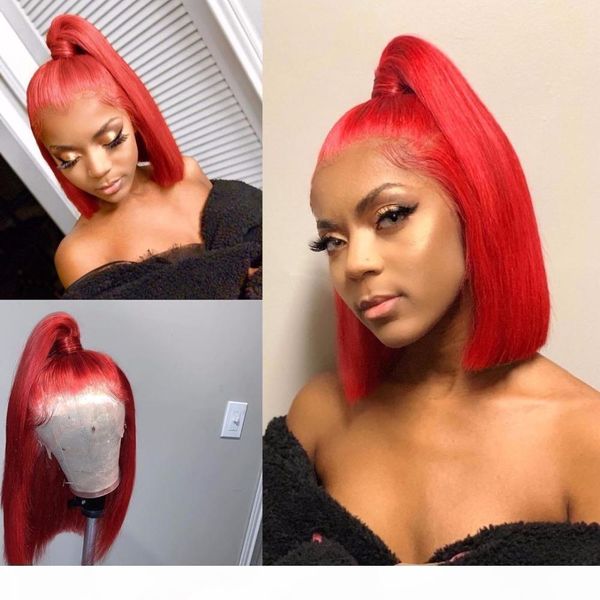 

red human lace wigs bob short cut with baby hair glueless virgin peruvian 13x4 frontal red full lace front wig for black women, Black;brown