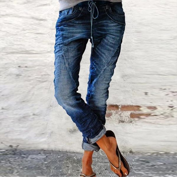 

middle waist lantern summer autumn womens jean skinny fashion casual drawstring simple, Blue