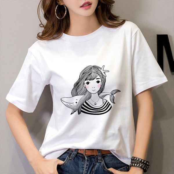 

hand drawn girl printed and mens womens short sleeve women harajuku hipster white thin section korean femme clothing, White;black