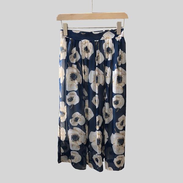 

skirts 100% silk fashion women high luxury summer vintage elegant dreamy soft blue printed flower elastic waist skirt, Black