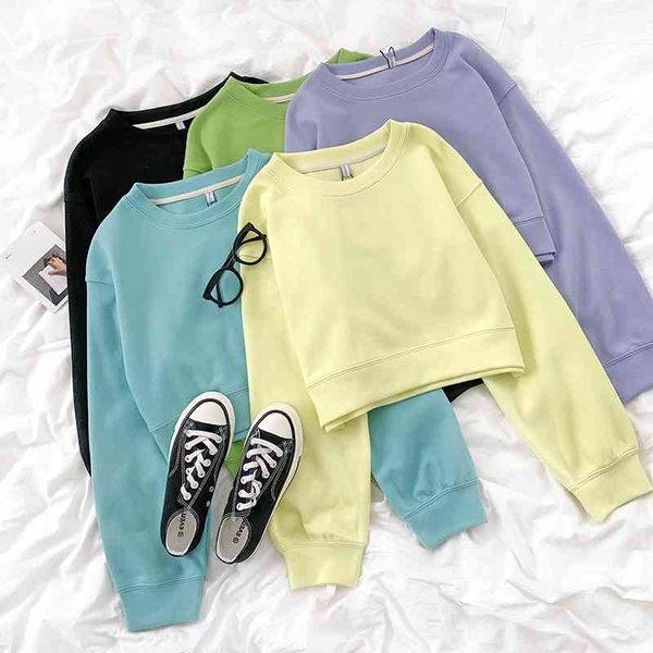 

women pink crop hoodie spring ayutumn long sleeve korean shirt ulzzang harajuku sweatshirt girls clothes 210602, Black