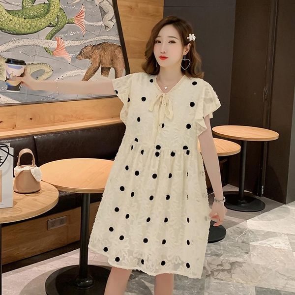 

maternity dresses 8637# dress summer short sleeve easy matching loose polka dot for pregnant women mom, White