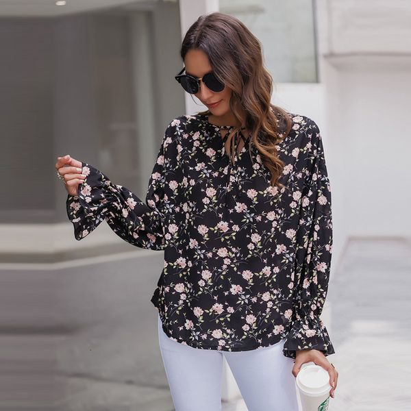 

vintage print casual butterfly sleeve autumn holiday floral blouse shirt for women 2021 new la5d, White