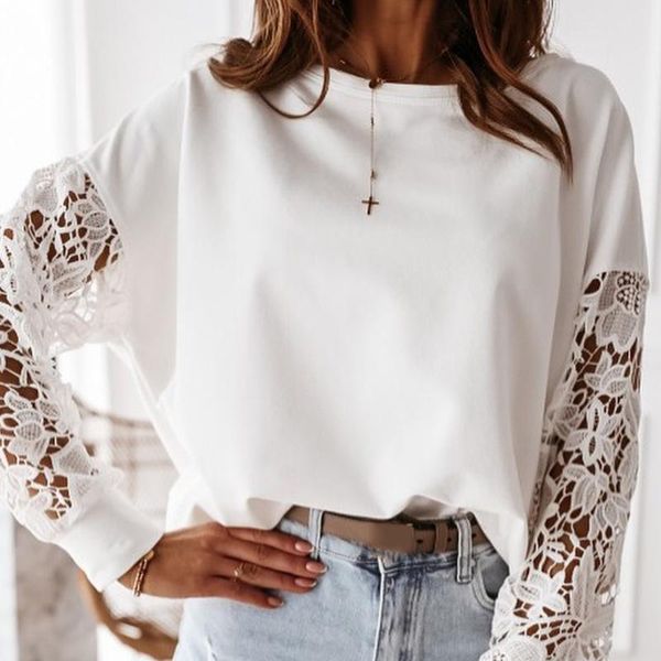 

lace patchwork white women sweatshirt long sleeve loose o-neck casual lady sweatshirts 2021 new spring autumn fashion female top