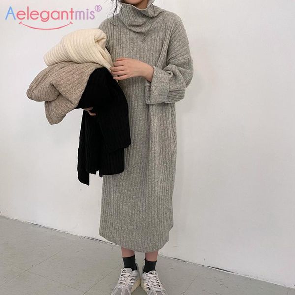 

casual dresses aelegantmis soft warm oversized basic women white black solid knitted dress korean fashion female loose sweater, Black;gray