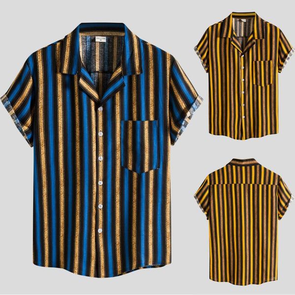 

men's casual shirts fashion three-color stripe vertical print summer beach short sleeve button turn-down shirt camisa masculina, White;black