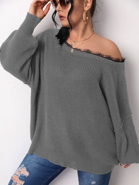 

plus eyelash lace trim drop shoulder sweater t0qk#, Black