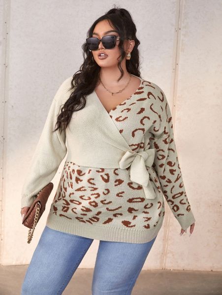 

plus leopard pattern drop shoulder knot side sweater b7hj#, Black