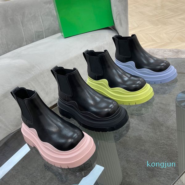 

designer- womens martin boots soft cowhide elastic belt ankle boot leather lady platform sneakers fashion thick soled women shoes, Black