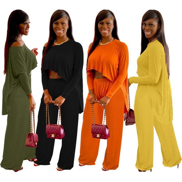 

women's two piece pants s-2xl autumn women loose solid color irregular long sleeve t shirt abd set outfits wholesale drop, White
