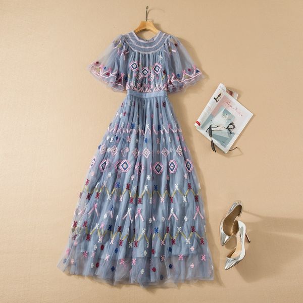 

european and american women's wear spring 2022 new short sleeve lotus leaf sleeve heavy embroidery fashion gauze pleated dress, Black;gray