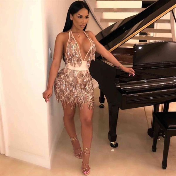 

sequin backless bandage bodycon women dresses nightclub party mini deep v neck vestidos, Black;gray