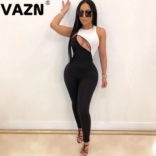 

women's jumpsuits & rompers vazn product 2021 spring lady black-white patchwork long jumpsuit sleeveless o-neck zipper chic