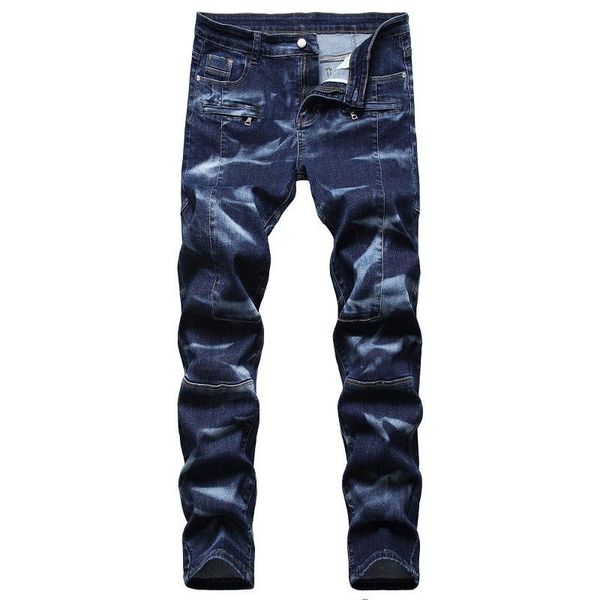 

men's jeans blue zipper vintage men spliced retro pleated washed full length straight denim pants male four seasons 2021