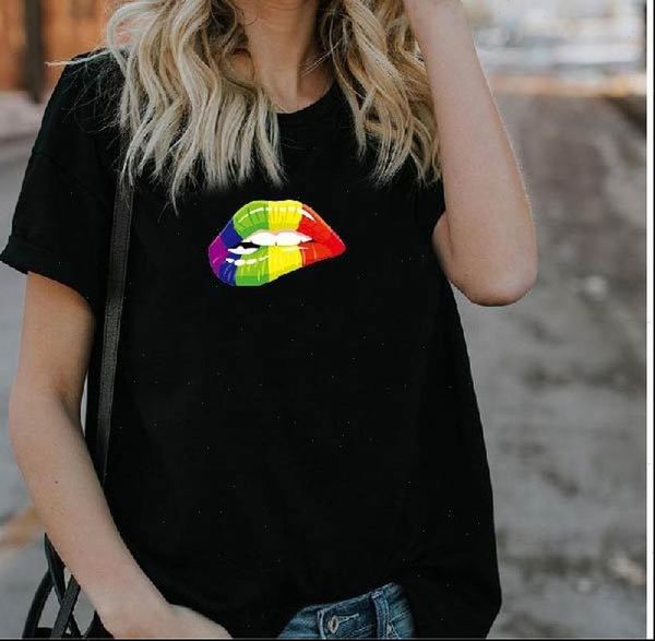 

colorful lip print t shirt women short sleeve o neck loose tshirt 2021 summer fashion women tee shirt camisetas mujer, White