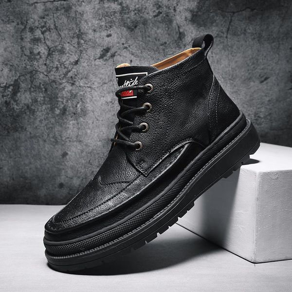 

boots winter british vintage classic ankle genuine leather men outdoor lace up motorcycle s5, Black