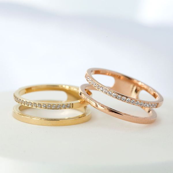 

hollow double layer micro diamond lovers ring korean fashion titanium steel plated rose gold color index finger, Silver