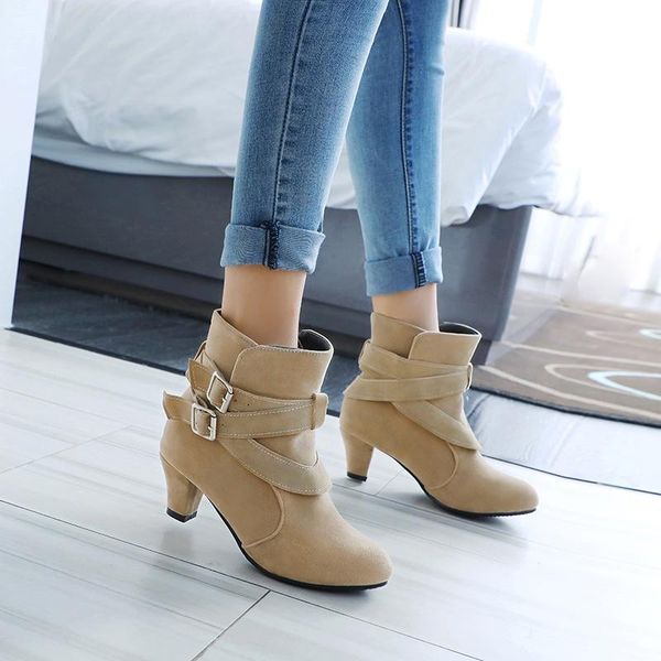 

boots 2021 winter casual women ankle thick heel suede buckle high heels shoes botas mujer western cowboy size 33-43, Black
