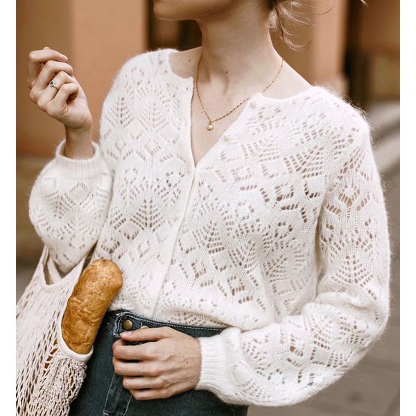 

2021 new knit hollow out cardigan autumn vintage o neck long sleeve casual sweater office lady women sweaters winter fashion w1mi, White;black