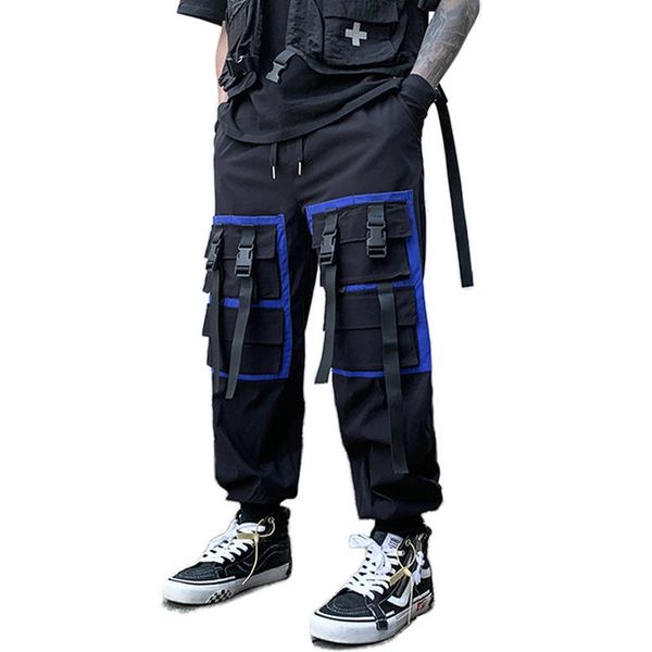 

new fashion color patchwork ribbons men's jogger sweatpants casual hip hop trousers streetwear, Black