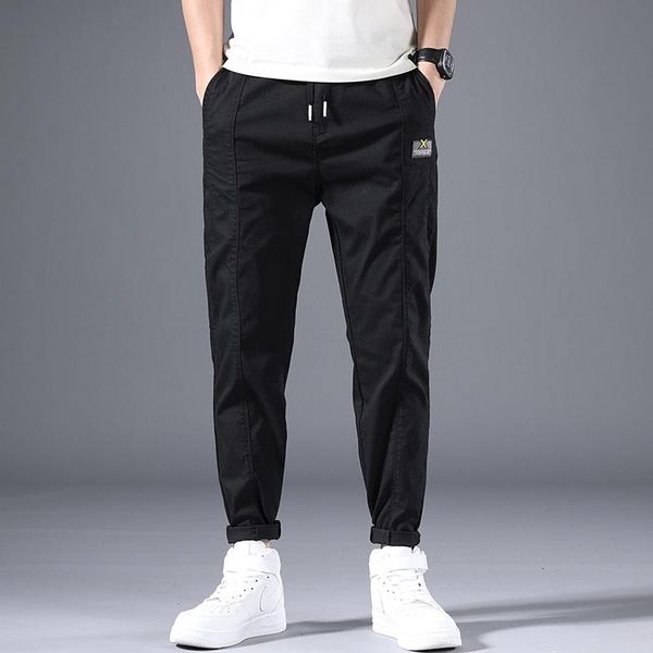 

men's pants style fashion male elastic waistline leisure joggers sweatpants men high-grade cotton slim ankle-length streetwear, Black
