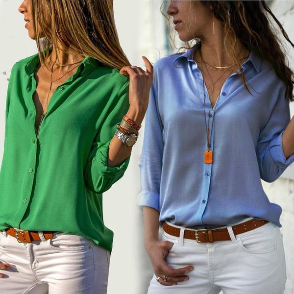 

2021 new womens clothes ladies long sleeve v collar chiffon shirt and casual women button office shirts plus size, White