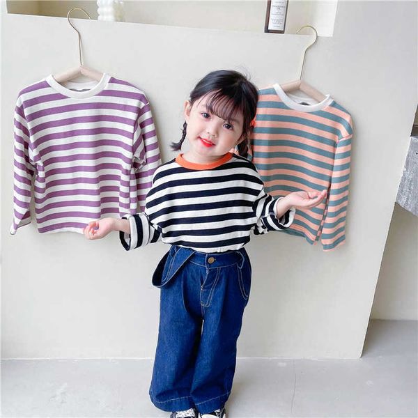 

spring korean style girls t-shirts cotton loosee striped children fashion clothing e9020 210610, Blue
