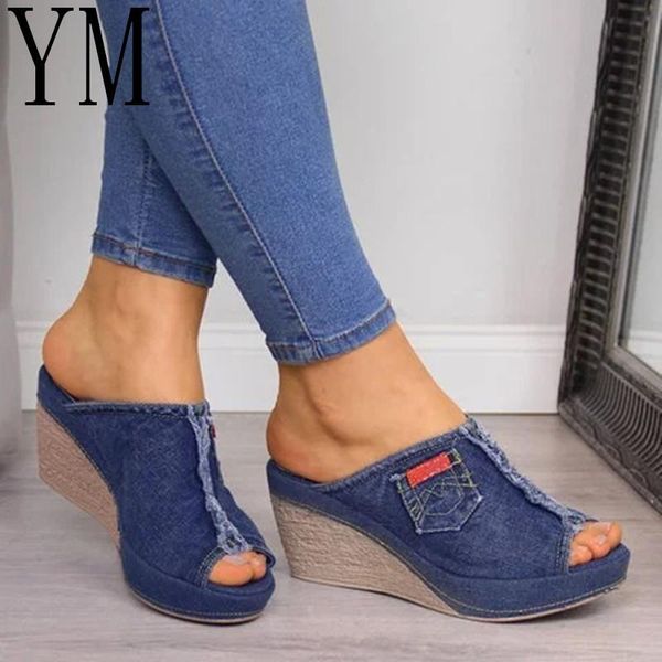 

dress shoes 2021 sell women sandals design platform wedge female casual high increas ladies fashion denim fabric peep toe, Black