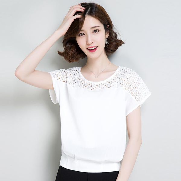 

women's blouses & shirts summer lady hollow floral blouse elegant female shirt short sleeve, White