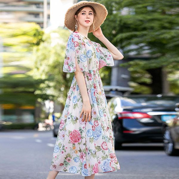 

2021 new vacation bohemian floral printed chiffon women summer elegant o-neck pleated midi yr4y, Black;gray