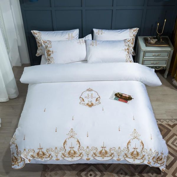 

bedding sets luxury european style gold embroidery smooth silk cotton king pillowcases home cover textiles duvet set bed sheet