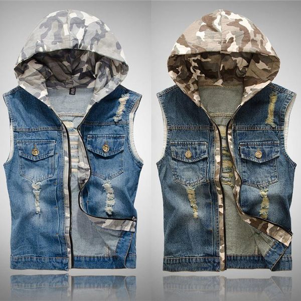 

men's vests american streetwear fashion men hooded coat camouflage military sleeveless jackets ripped hip hop denim vest hombre, Black;white