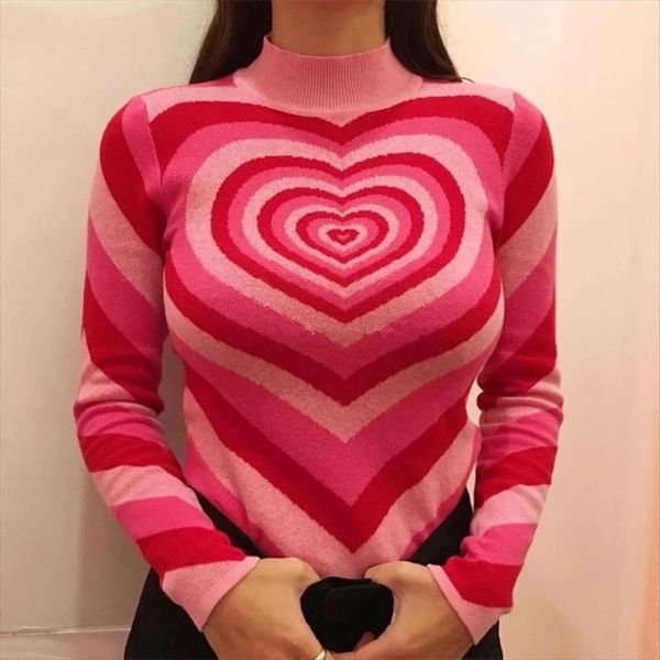 

love striped color matching women sweater rainbow retro high neck slim pullover womens autumn y2k pink heart shaped knitted, White;black