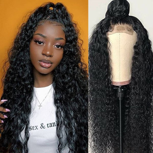 

26 inch pre plucked water wave lace front wig closure wig brazilian glueless t part lace front human hair wigs for women, Black