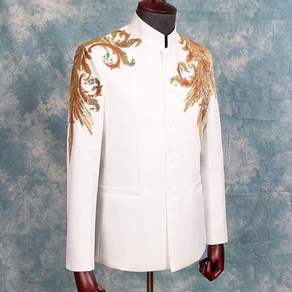 

chinese tunic suit red gold sequins blazers stand collar mens suits singer host stage costume chorus performance stage set, Black;red