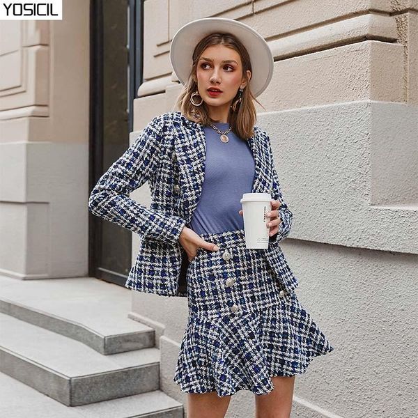 

yosicil elegant autumn winter plaid women blazer coat causal long sleeve coat short office ladies double breasted women suit, White;black
