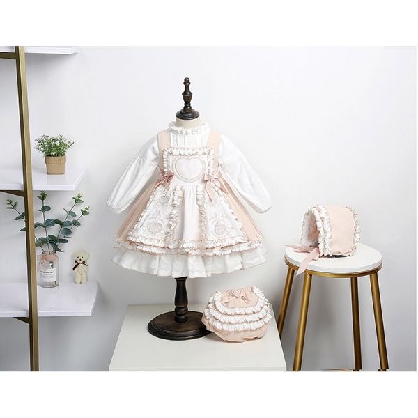 Neonata Autunno Primavera Estate Bianco Beige Vintage Spagnolo Lolita Ball Gown Principessa Abito con bretelle con camicia per il compleanno 210303