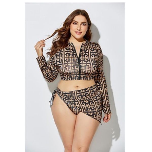 

geometric print plus size bikini 3 piece bandana zipper split women fashion long sleeve summer beach bikini swimsuit s-5xl, Black;white