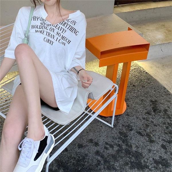 

women's t-shirt short sleeve design niche 2021 summer base coat loose v-neck medium length letter delivery within 4, White