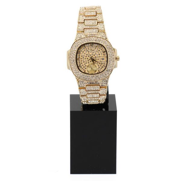 

wristwatches hip hop iced out gold color watch quartz luxury full diamond round watches mens stainless steel wristwatch gift, Slivery;brown