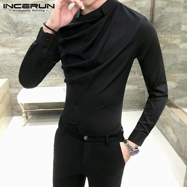 

incerun autumn men solid lapel gothic design shirt satin casual work clubwear social button stylish mens blouse1, White;black
