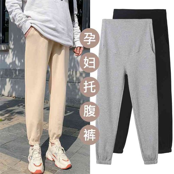 

3306# spring thin maternity pants high waist belly straight clothes for pregnant women sports casual preganncy trousers 210721, White