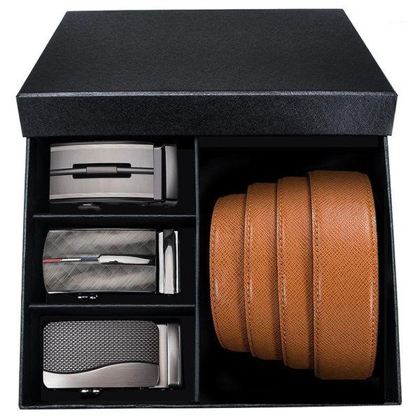 

belts hi-tie fashion designer 100% genuine leather for men brown yellow automati buckle men's box belt1, Black;brown