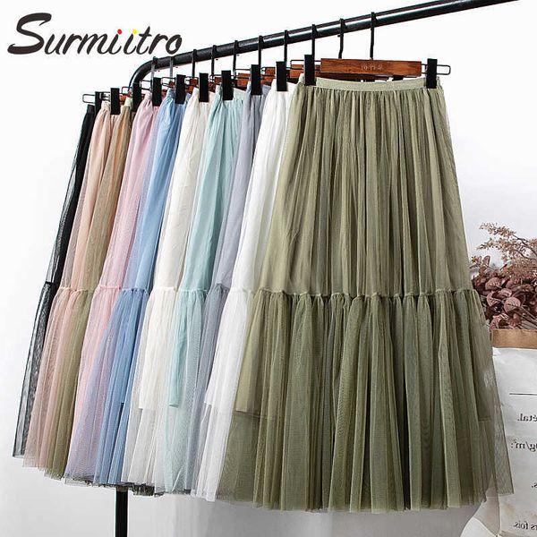 

surmiitro spring summer long tulle skirt women korean style green mesh high waist sun school midi pleated skirt female 210712, Black